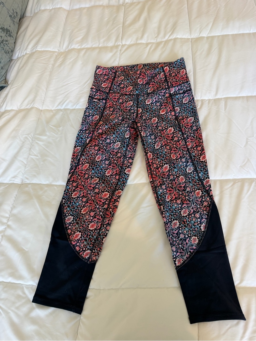 Women’s Floral Print Yoga Tights with navy blue Panels - Coral/Blue